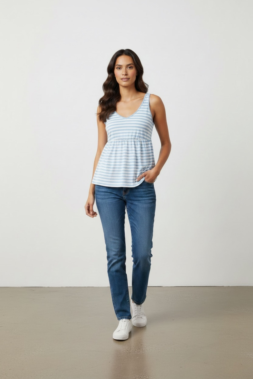New York & Company Blue and White Striped V-Neck Peplum Tank Top